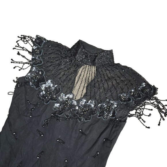 Vintage Silk Beaded Evening Gown By Gene Roye Size 6 Black With Floral Embellish - Picture 11 of 13